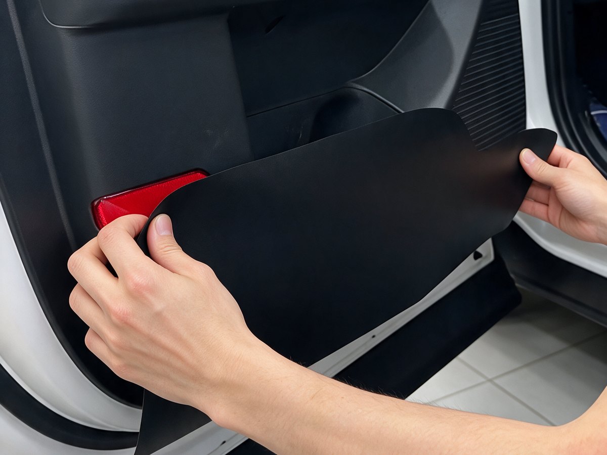 Hands smoothing black textured SalonShield film onto a car door panel
